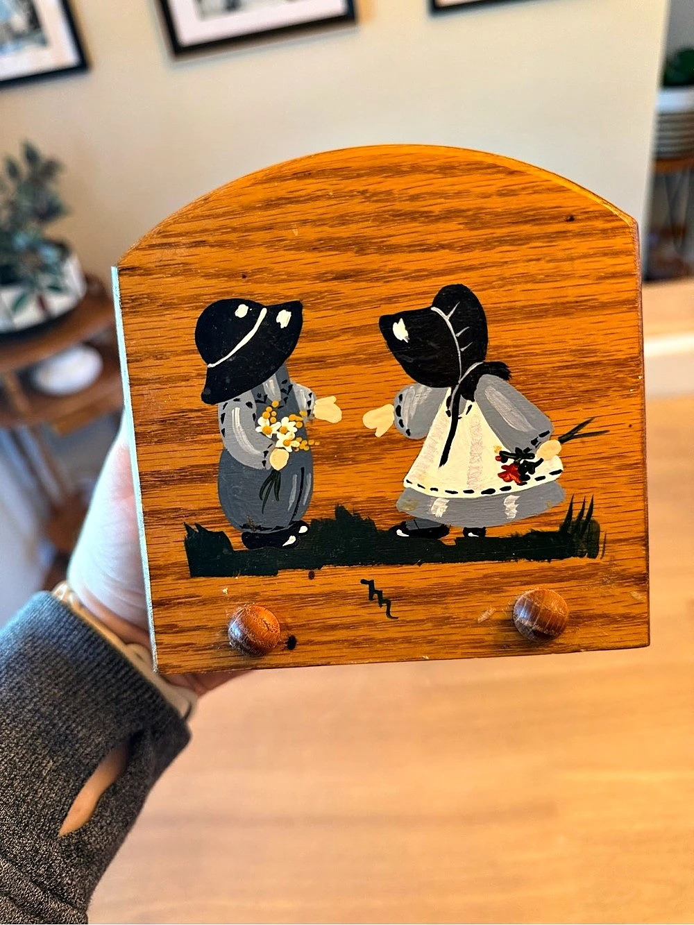 Vintage Hand Painted Wooden Napkin Holder, Amish Folk Art Mail Organizer
